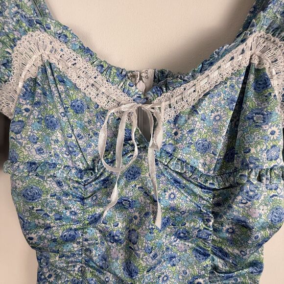 For Love & Lemons Blue Floral Alana Ruched Mini Dress | Bodycon Puff Sleeves - Picture 6 of 11